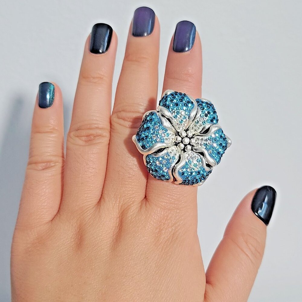 Sterling Silver 925 3D Hibiscus Ring, Blue Pavé Crystal Cocktail Statement, Sz 7